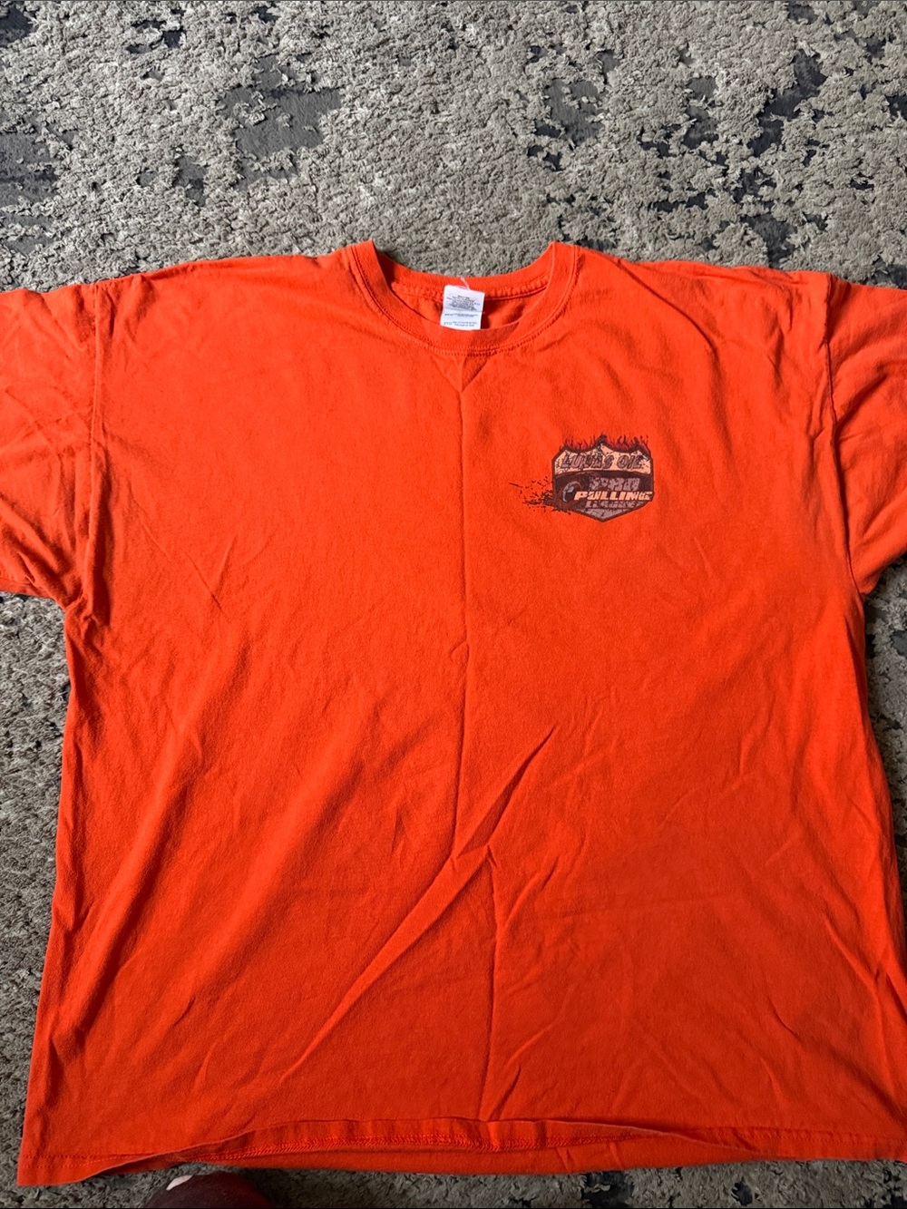 Gildan Men's Bright Orange Short Sleeve Crewneck Tee with Small Chest Graphic